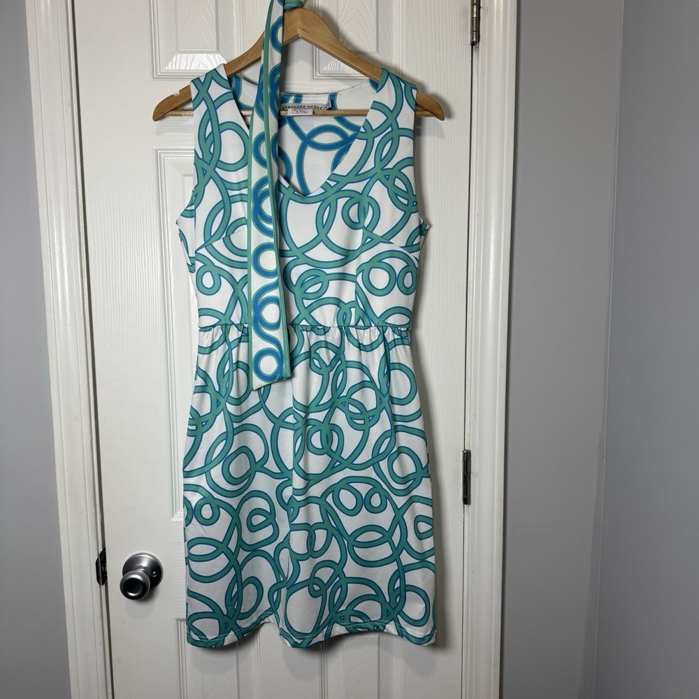 Gretchen Scott Dress Womens Sz S A-Line Sleeveless Teal White Geometric Print